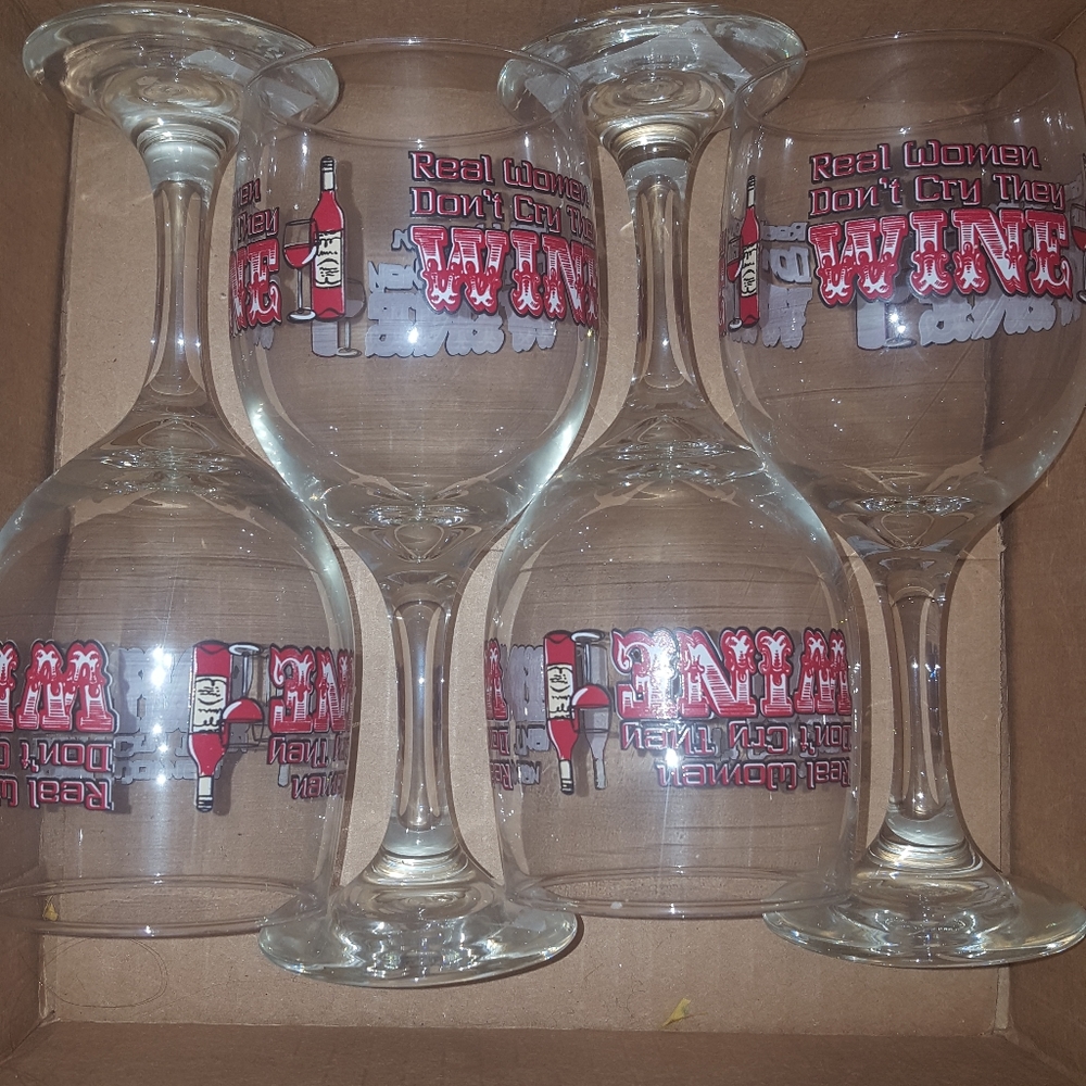 4pc New Wine Glass Real Women Don't Cry They WINE - Picture 1 of 16